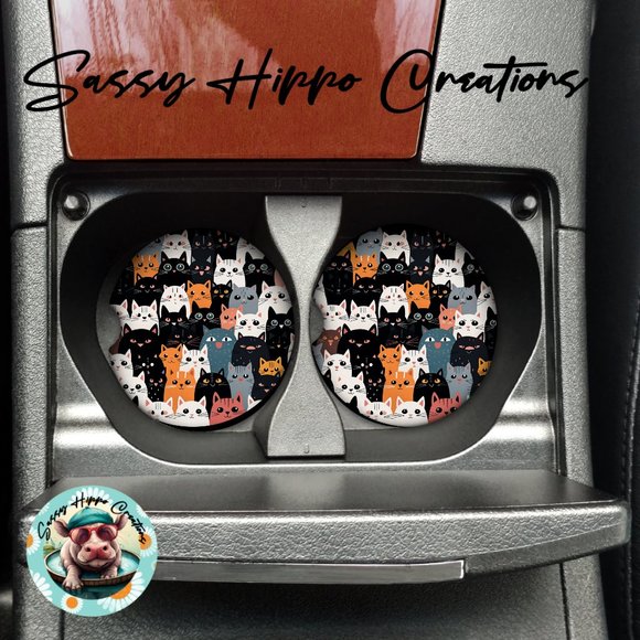 Car Coasters Cats Kittens Cat Lady Life Set of 2 Neoprene Absorbent Sassy Hippo - Picture 1 of 4